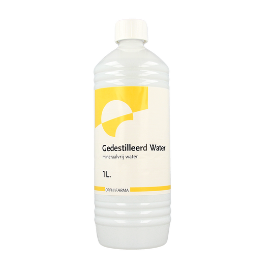 Orphi gedestilleerd water 1 liter, schoonmaakartikel, clear bottle with label, used for cleaning and household applications