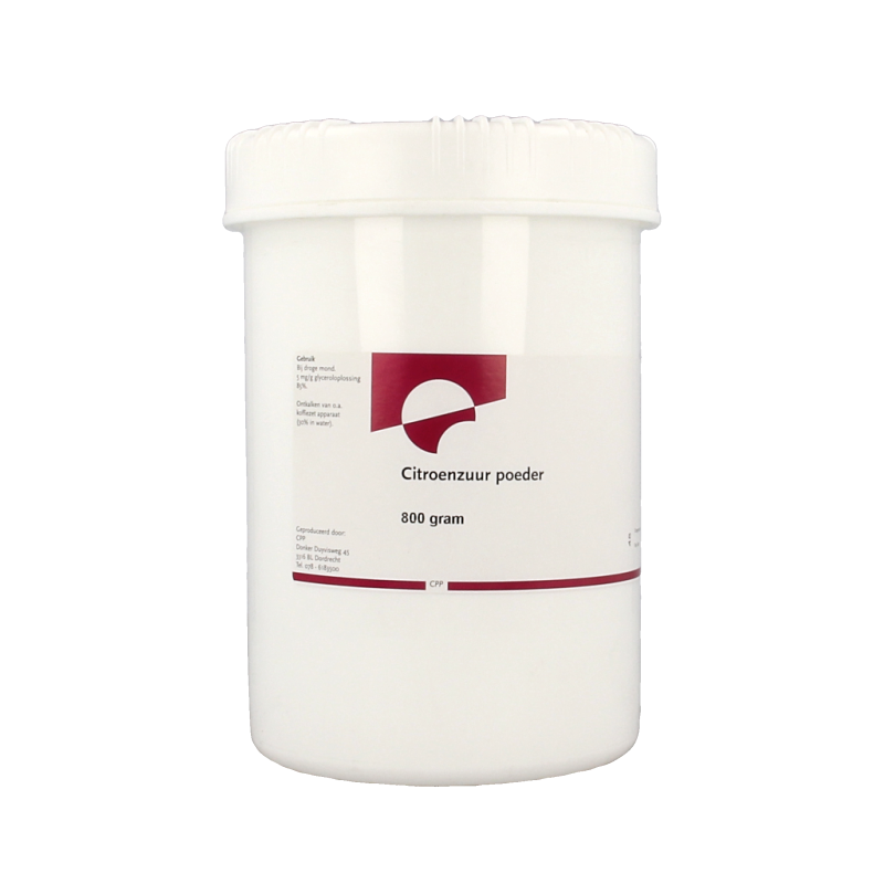 Orphi Citroenzuur 800 gram in resealable bag, natural cleaning agent for household and industrial use.