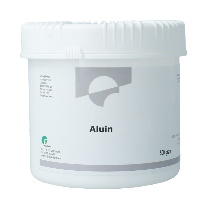 Orphi Aluin kristallen, 500 gram, for scheren en ontharen, displayed in a clear container with white crystalline texture.