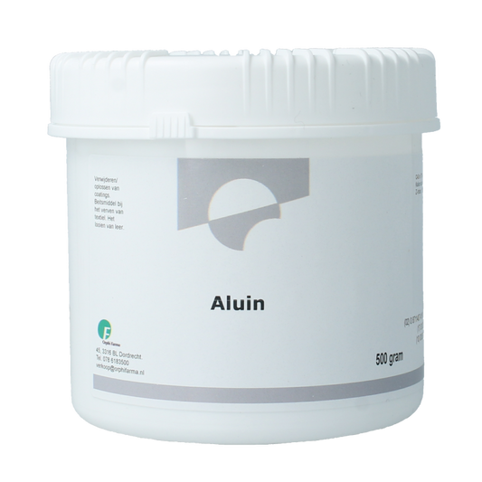 Orphi Aluin kristallen, 500 gram, for scheren en ontharen, displayed in a clear container with white crystalline texture.