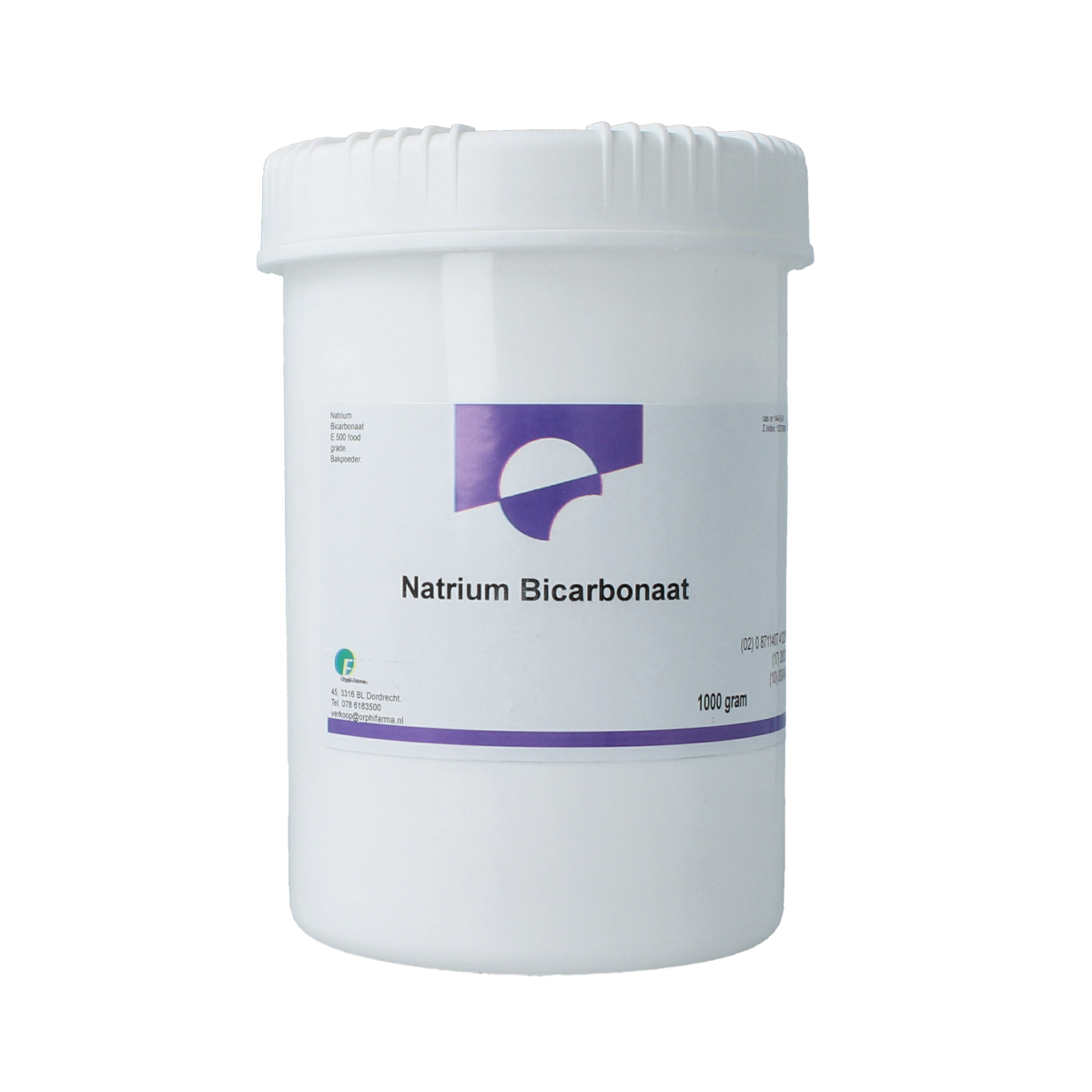 Box of Orphi Natrium bicarbonaat 1kg baking mix with bicarbonate of soda in a clear bag, labeled with brand and product details.