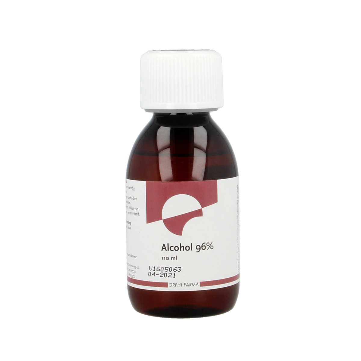 Chempropack Alcohol 96% zuiver, 110ml schoonmaakartikel, clear liquid in transparent bottle with white cap