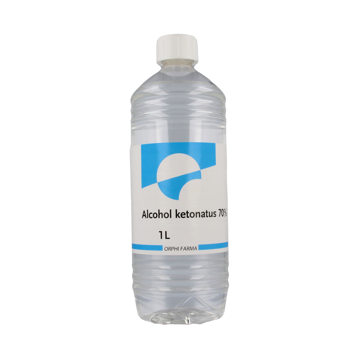 Chempropack alcohol ketonatus 70% disinfectant in a 1-liter bottle, clear liquid inside a transparent container.