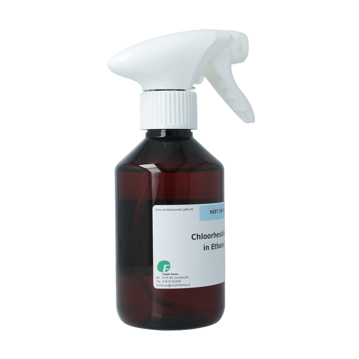Orphi Chloorhexidine 0.5% alcohol spray bottle, 250ml, used for disinfecting and cleaning surfaces in healthcare settings.