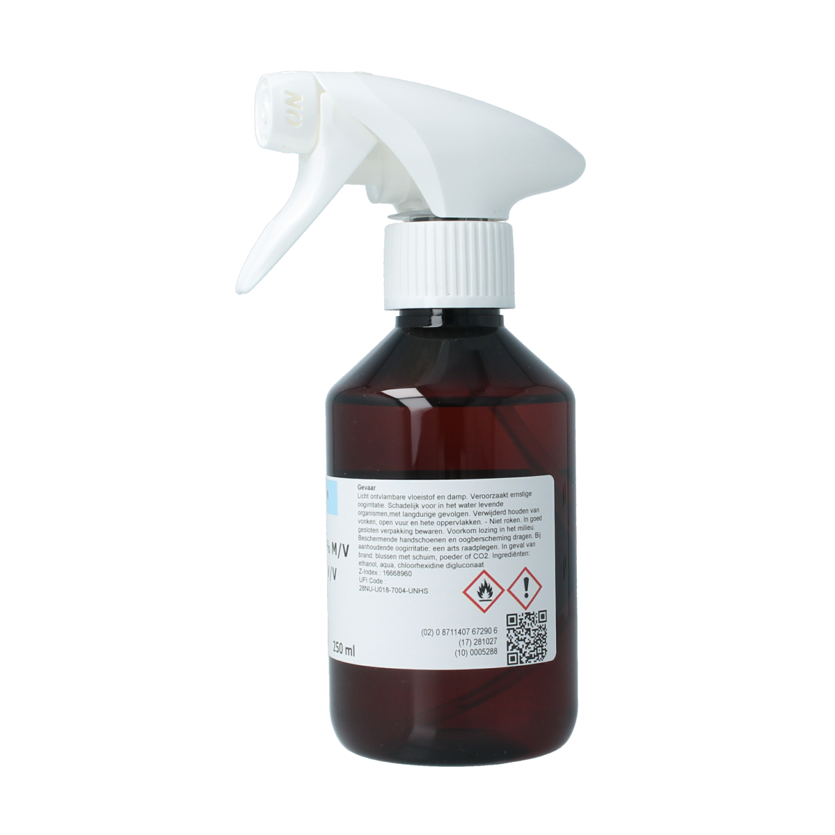 Orphi Chloorhexidine 0.5% alcohol spray in a 250ml bottle, used for cleaning and disinfecting surfaces with antiseptic properties.