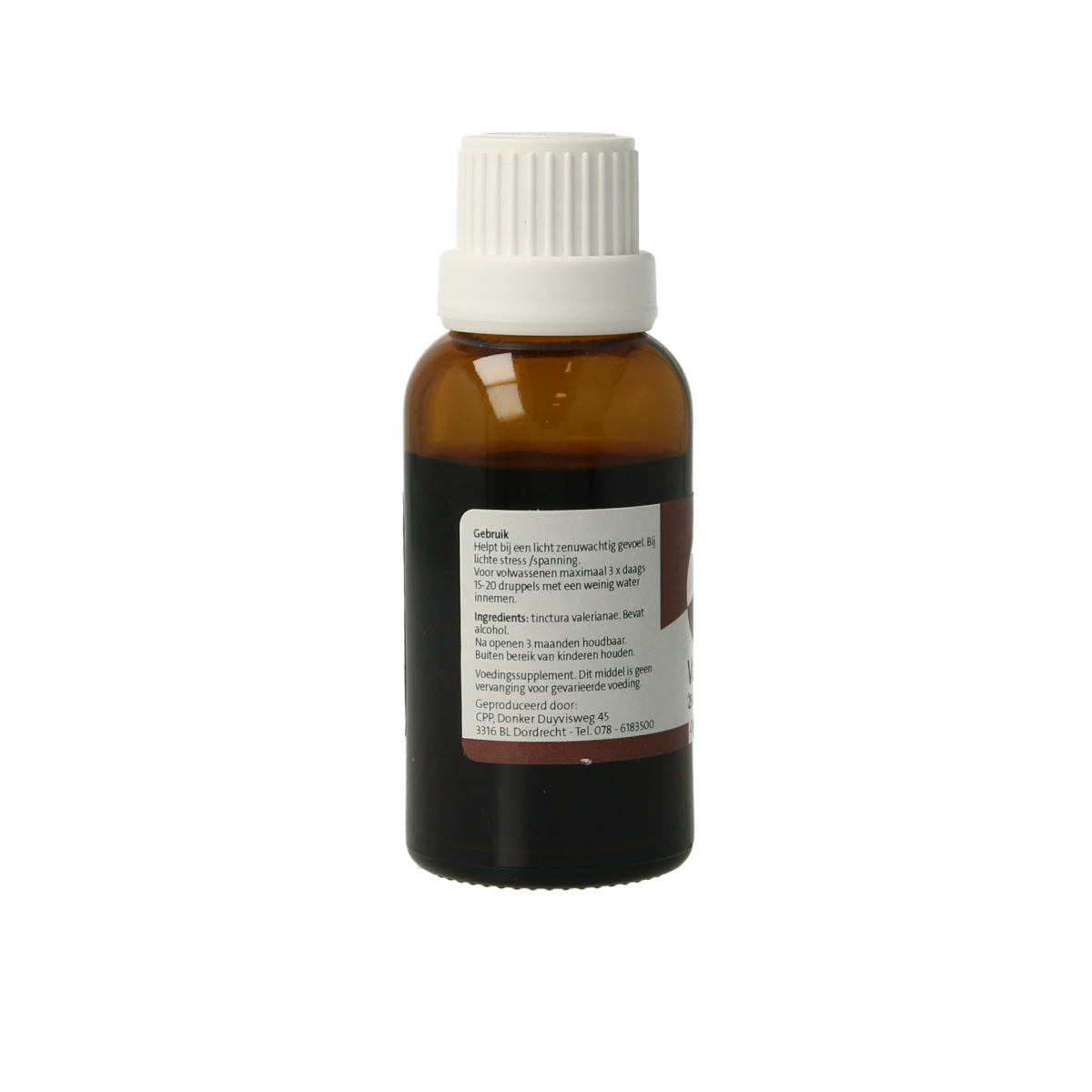 Orphi Valeriaantinctuur herbal preparation bottle, 25ml, herbal remedy from Orphi with botanical ingredients in clear glass bottle.