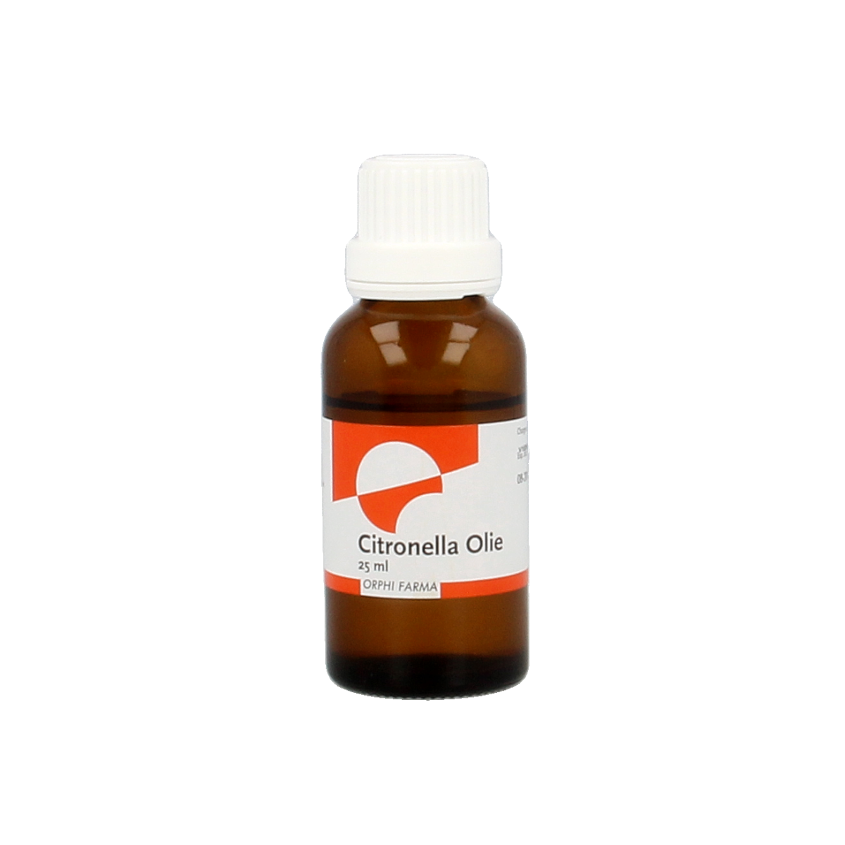 Chempropack citronella essential oil 25ml in a clear glass bottle, showing the yellow liquid inside.