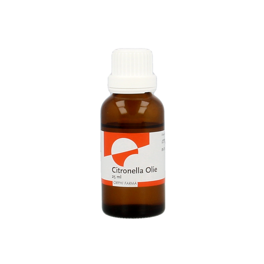 Chempropack citronella essential oil 25ml in a clear glass bottle, showing the yellow liquid inside.