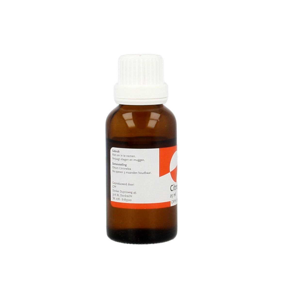 Chempropack citronella essential oil in a 25ml bottle, natural etherische oliën product with yellow liquid inside.