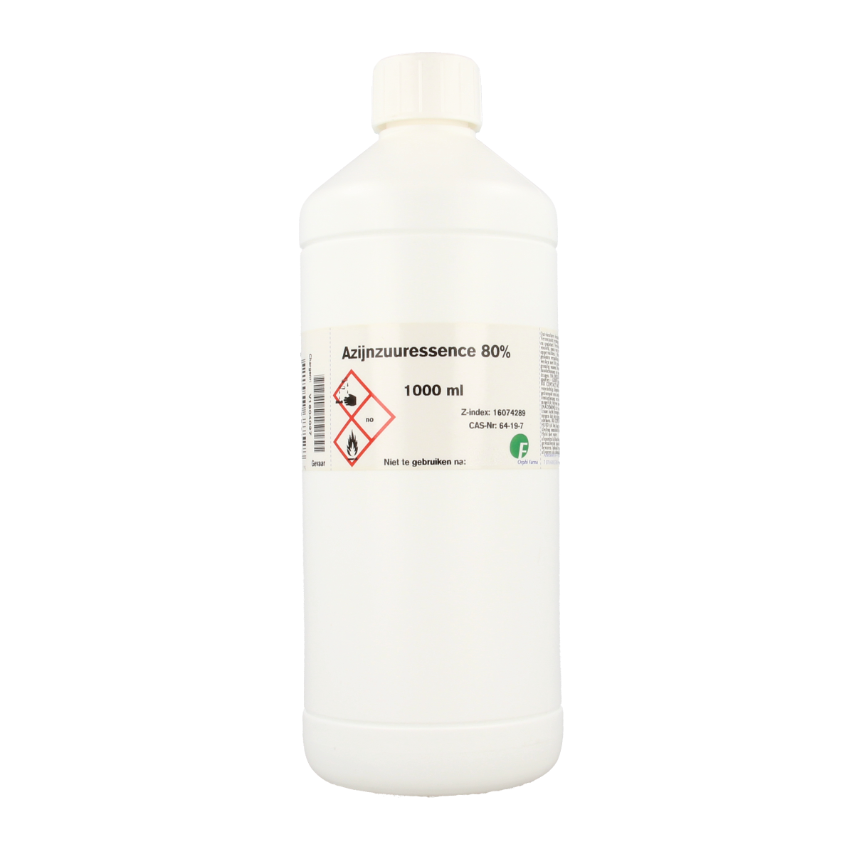Orphi Azijnzuur essence 80% cleaning solution in a 1-liter bottle, used for industrial and household cleaning purposes.