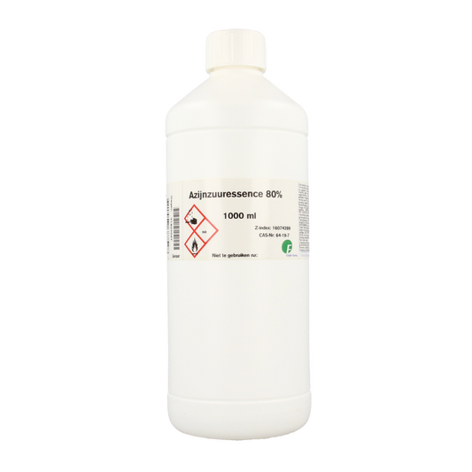 Orphi Azijnzuur essence 80% cleaning solution in a 1-liter bottle, used for industrial and household cleaning purposes.