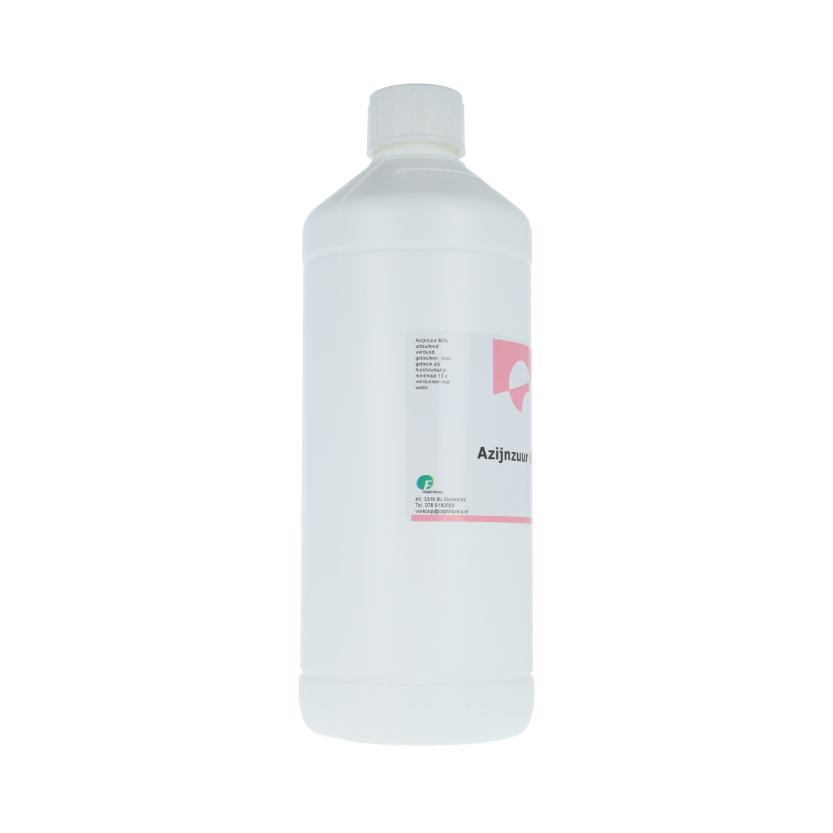 Orphi Azijnzuur essence 80% in a 1-liter bottle, used for cleaning and industrial applications, with label visible.