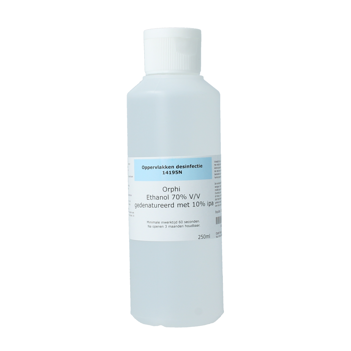 Orphi disinfectant bottle containing 250ml of 70% ethanol and 10% IPA for sanitizing surfaces.