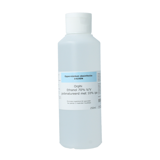 Orphi disinfectant bottle containing 250ml of 70% ethanol and 10% IPA for sanitizing surfaces.