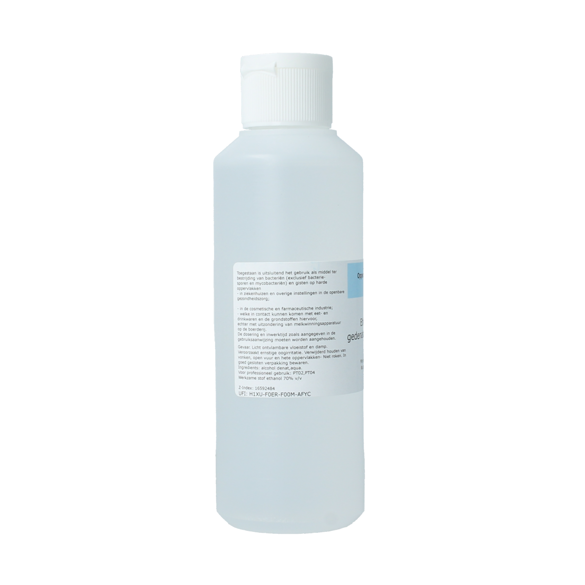 Bottle of Orphi Ethanol 70% and IPA 10% disinfectant in a 250ml container, with a clear label and cap.