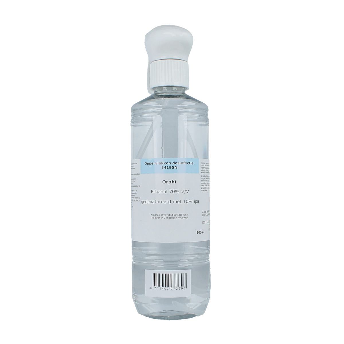 Orphi alcohol ethanol 70% disinfectant spray bottle, 500ml, with clear label and spray nozzle for sanitizing surfaces.