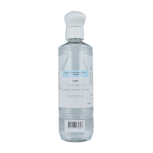 Orphi alcohol ethanol 70% disinfectant spray bottle, 500ml, with clear label and spray nozzle for sanitizing surfaces.