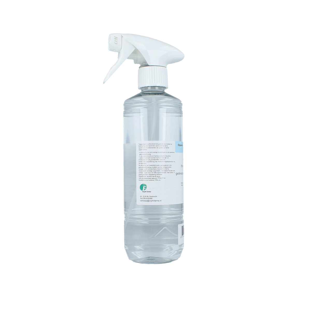 Orphi 70% ethanol disinfectant spray bottle, 500ml, with clear label and spray nozzle for sanitizing surfaces.
