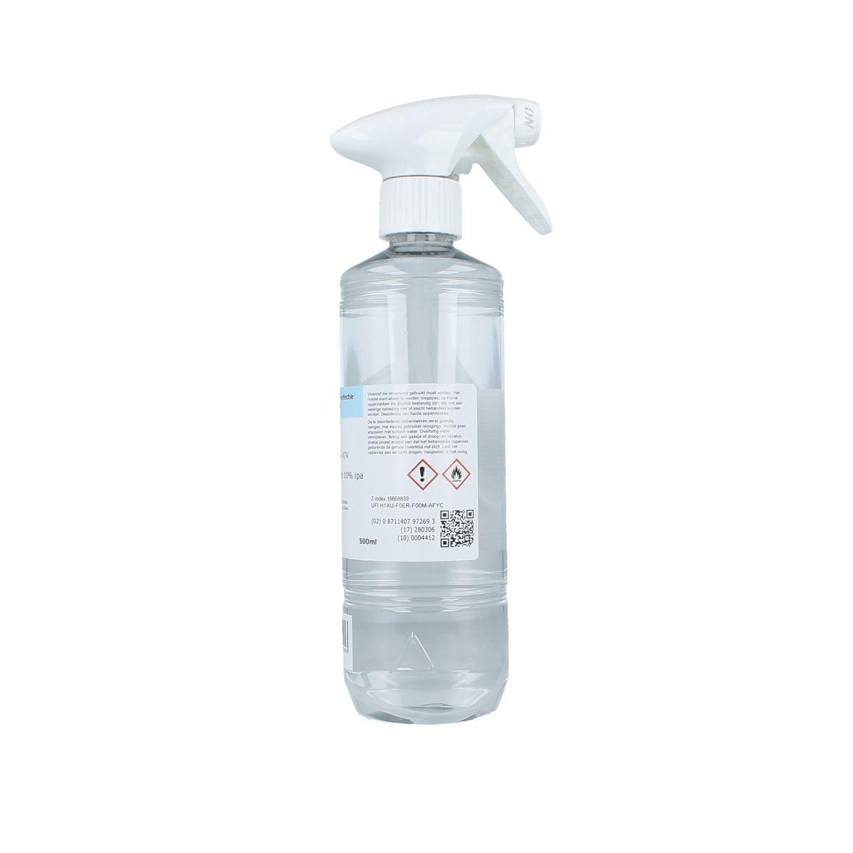Orphi Alcohol ethanol 70% disinfectant spray bottle, 500ml, with clear label and spray nozzle for sanitizing hands and surfaces.