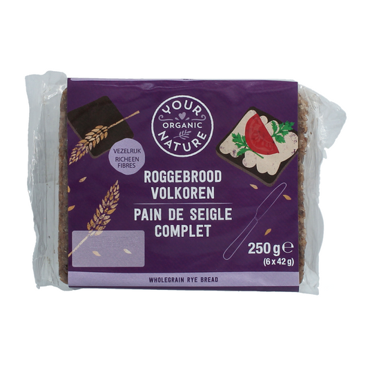 Whole grain organic rye bread from Your Organic Nature, 250g, showing fresh slices of volkoren Roggebrood on a rustic wooden surface.