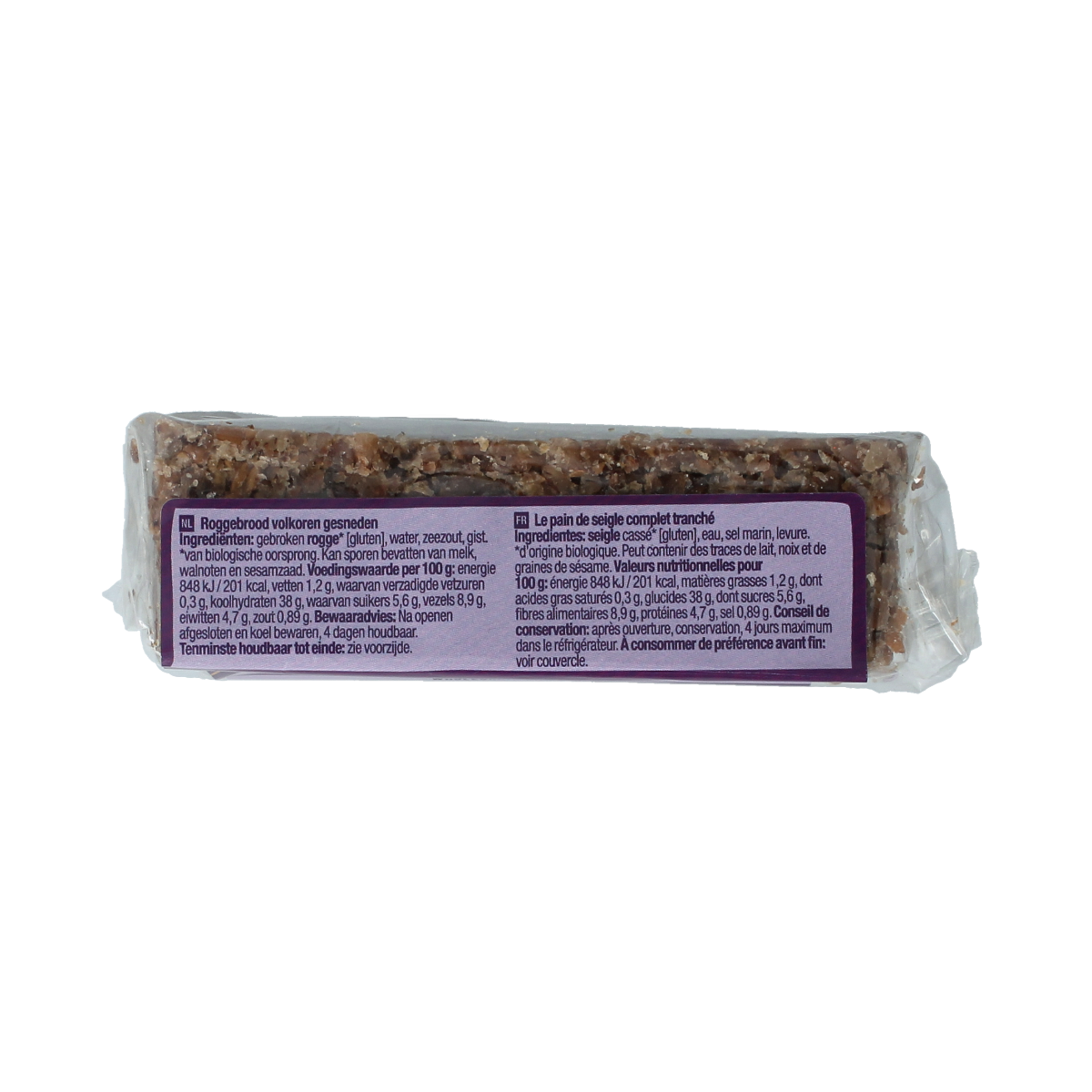 Whole grain rye bread from Your Organic Nature, organic volkoren Roggebrood in 250g package, crispy and nutritious cracker or bread slice.