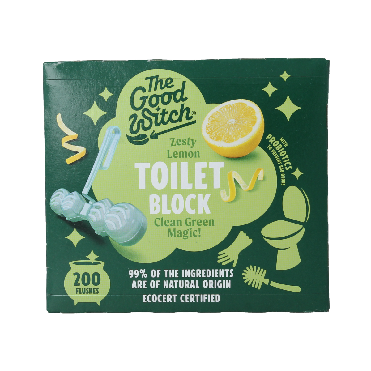 The Good Witch WC-blokje citroen gember toilet freshener with lemon and ginger scent, showing the rectangular fragrance block.