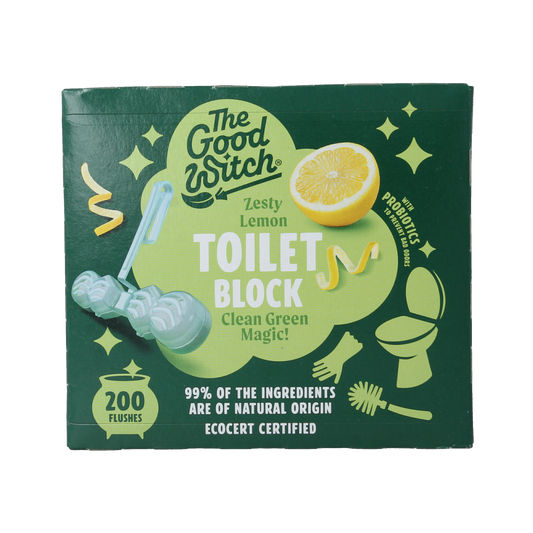 The Good Witch WC-blokje citroen gember toilet freshener with lemon and ginger scent, showing the rectangular fragrance block.
