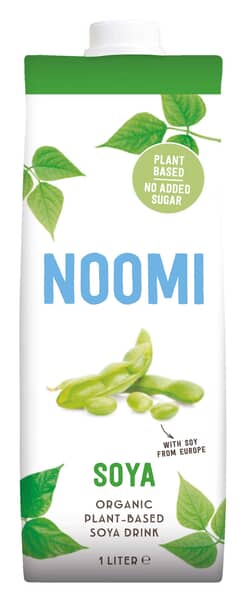 Noomi unsweetened organic soy drink in a 1-liter carton, part of the drinks and juices category.