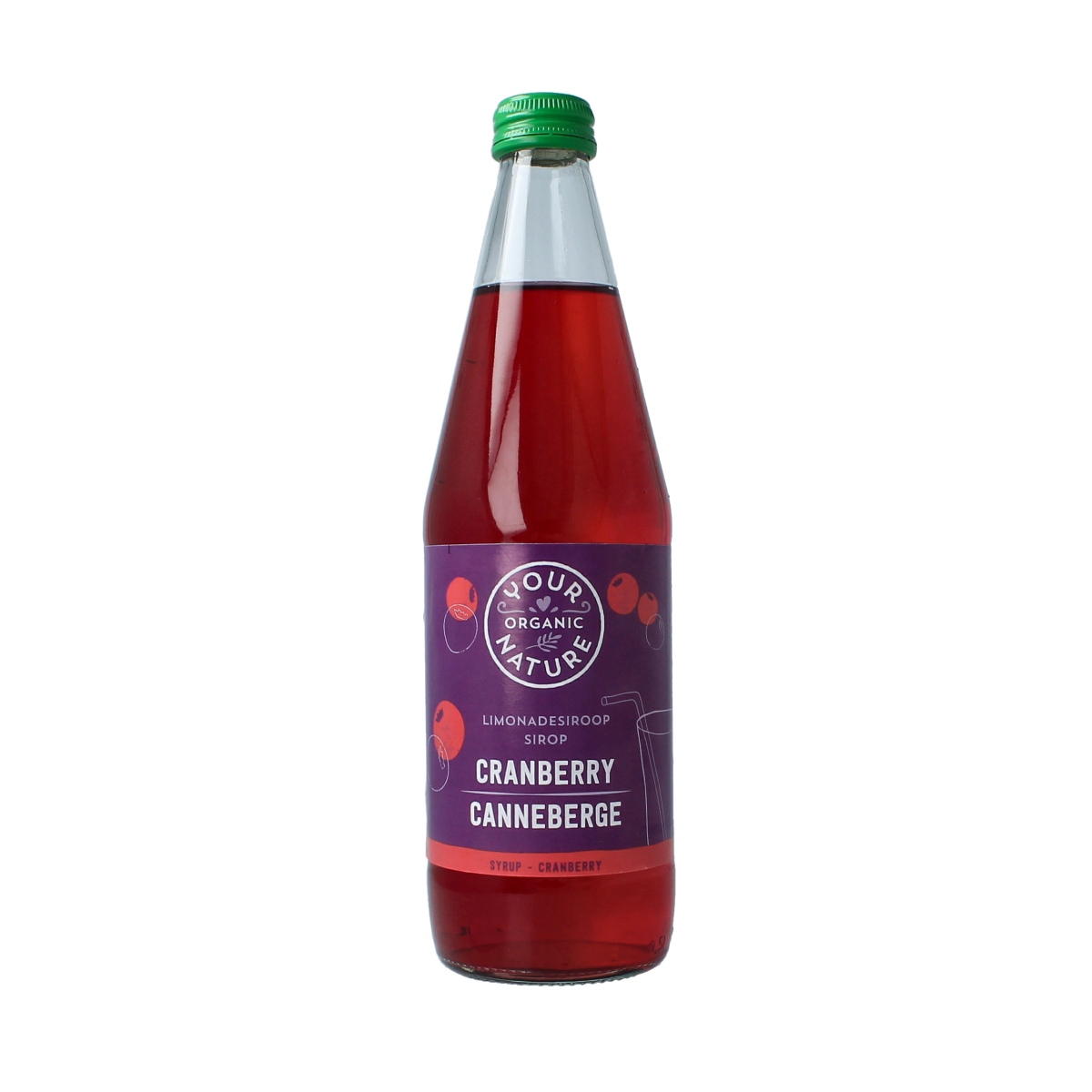 Your Organic Nature cranberry organic limonadesiroop in 500ml bottle, shown with fresh cranberries and natural ingredients.