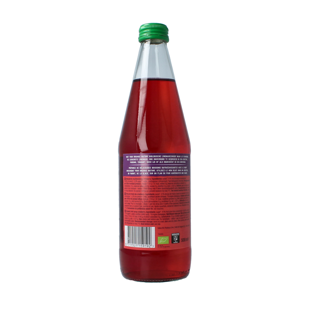 Bottle of Your Organic Nature cranberry organic lemonade syrup, 500ml, with a focus on the label and packaging details.