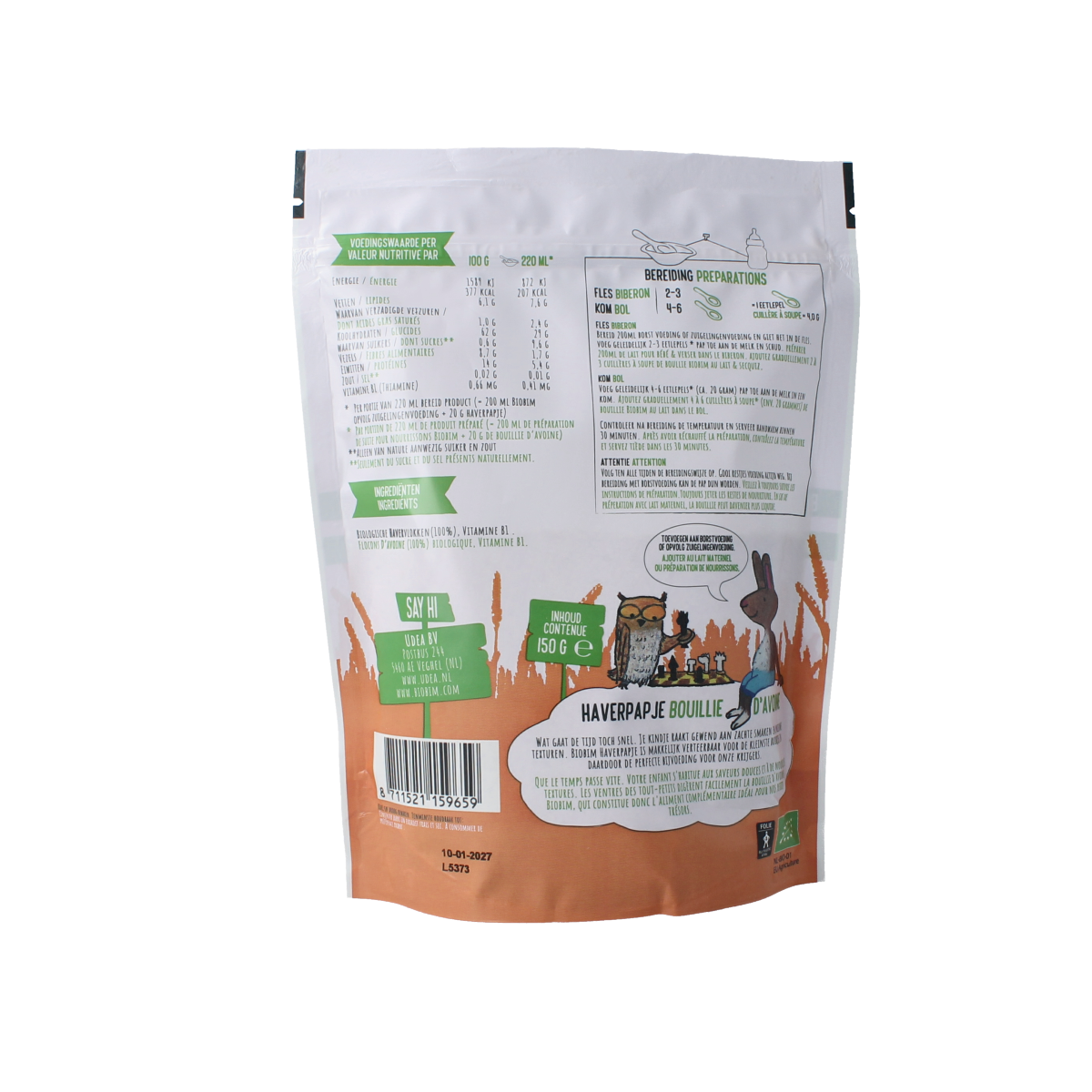 Biobim Haverpapje 6+ months organic baby and toddler food, 150g jar with label and lid, ready to serve