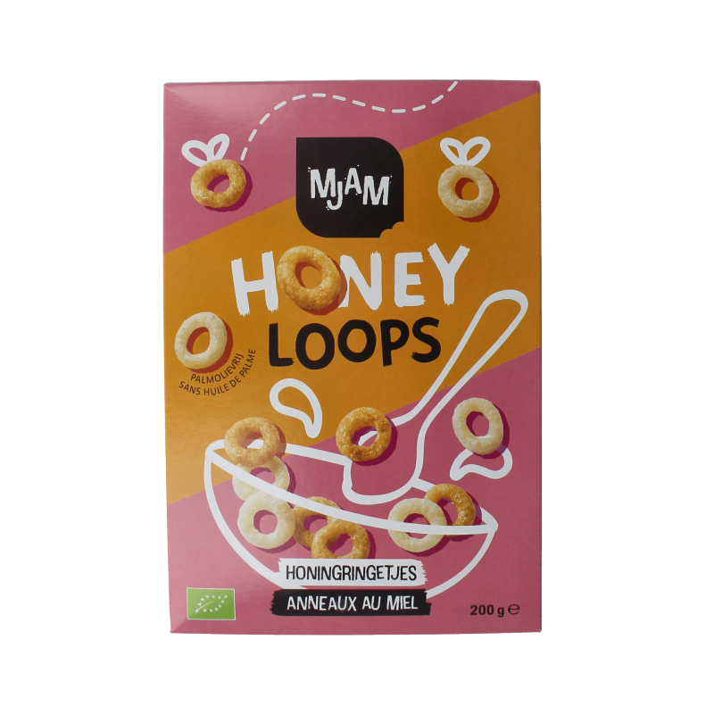 Mjam Honey Loops bio breakfast cereal in a 200g package, featuring crunchy honey-flavored cereal loops.