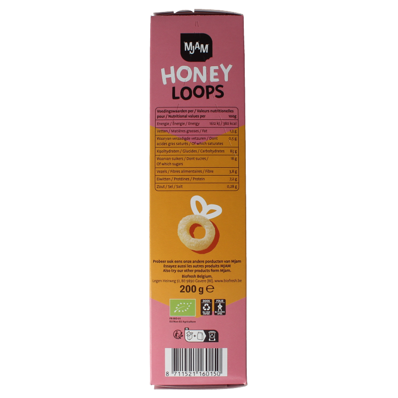 Mjam Honey Loops bio breakfast cereal in 200g package, crunchy oat and honey flakes, natural and organic breakfast option