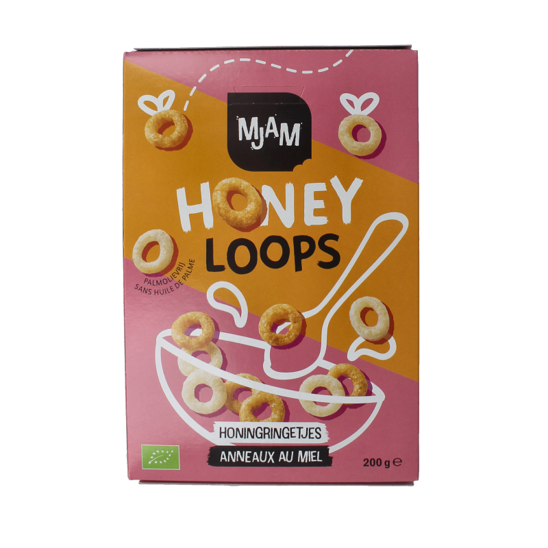 Mjam Honey Loops bio breakfast cereal in 200g package, crunchy oats and honey flavor, shown in a clear bowl with spoon.