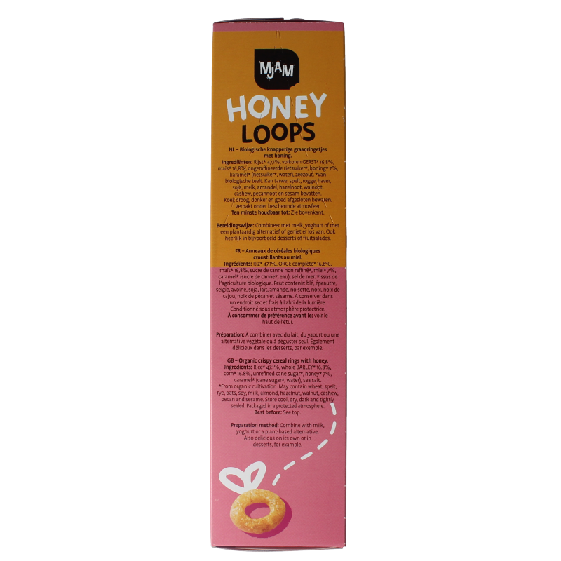 Mjam Honey Loops bio breakfast cereal in a 200g package, made with organic ingredients, featuring honey-flavored crunchy loops.