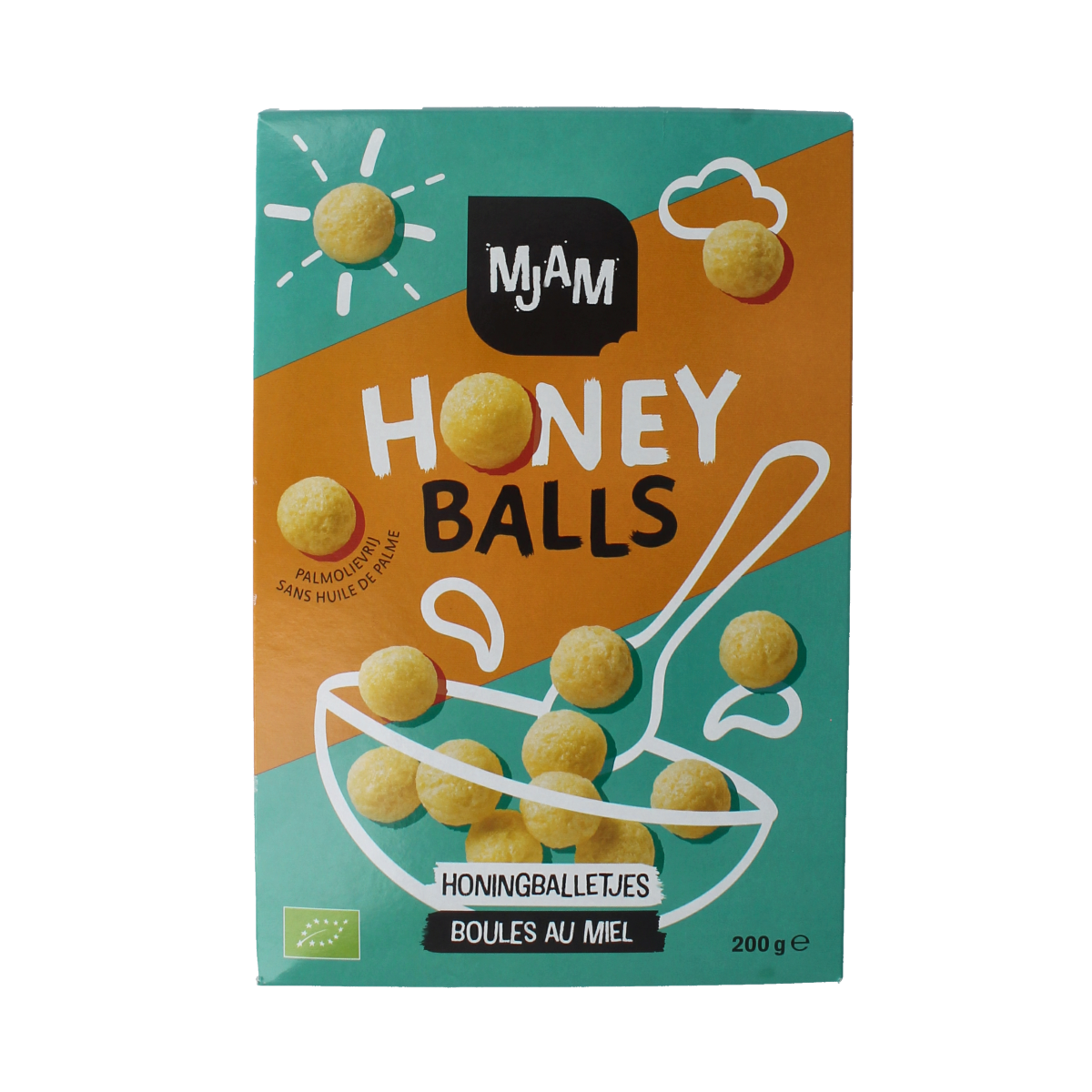 Mjam Bio Honey Balls breakfast cereal in a 200g package, golden grains with honey coating, suitable for a healthy breakfast.