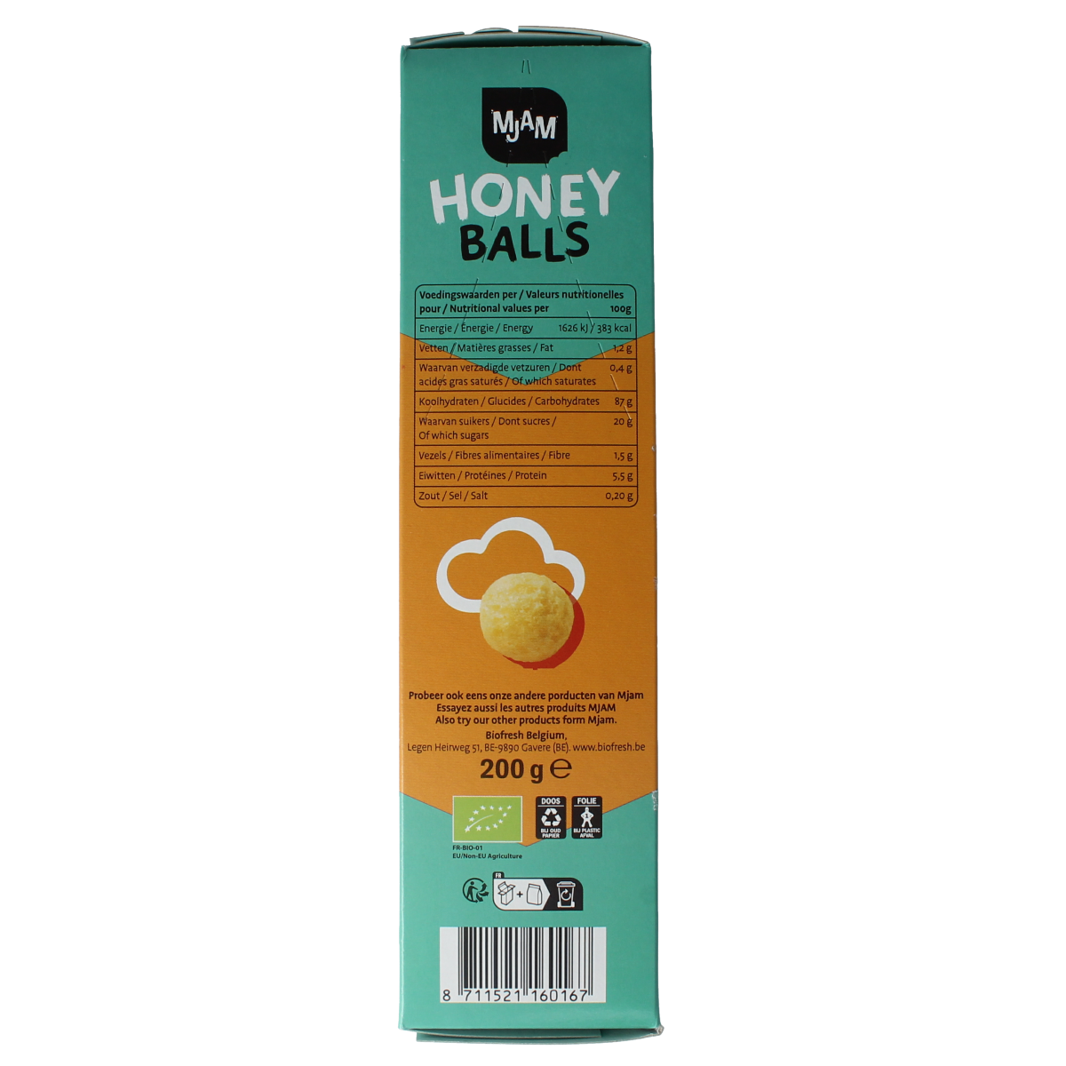 Mjam Honey balls bio breakfast cereal in a 200g package, natural granola with honey flavor, suitable for a healthy breakfast.