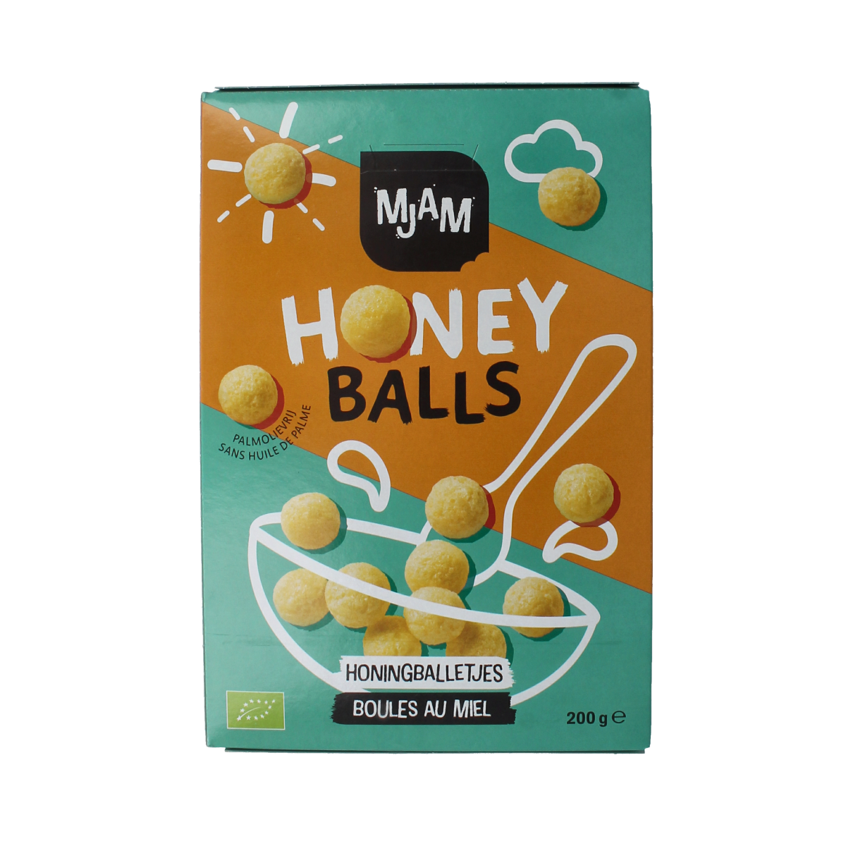 Mjam bio honey balls breakfast cereal in a 200g package, natural grain snack with honey flavor, shown in the image.