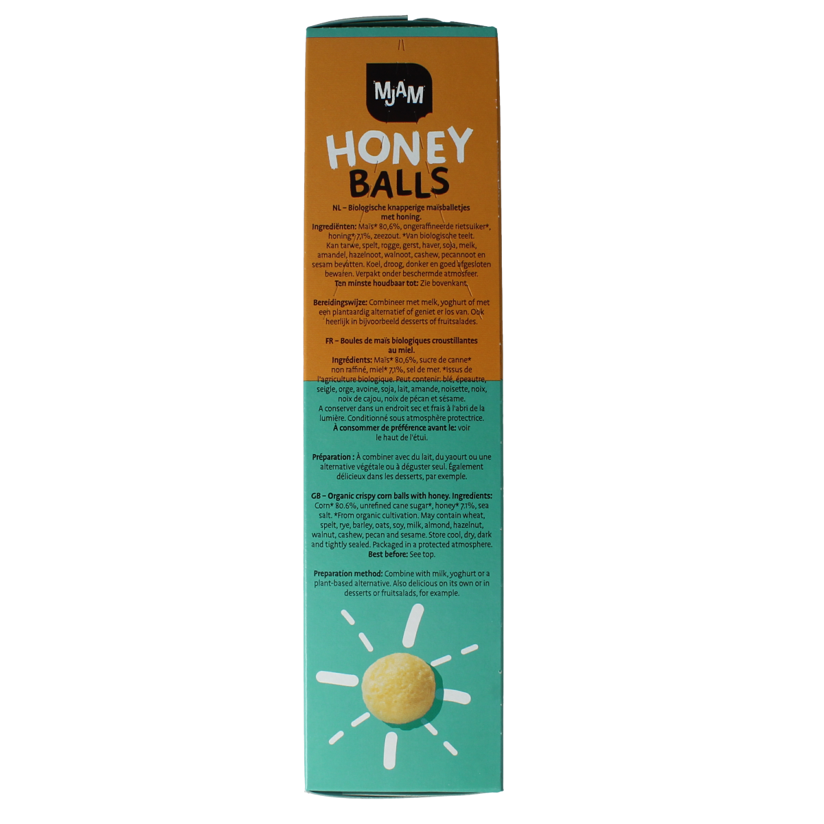 Mjam bio honey balls breakfast cereal in a 200g package, natural granola snack with honey flavor from Mjam.
