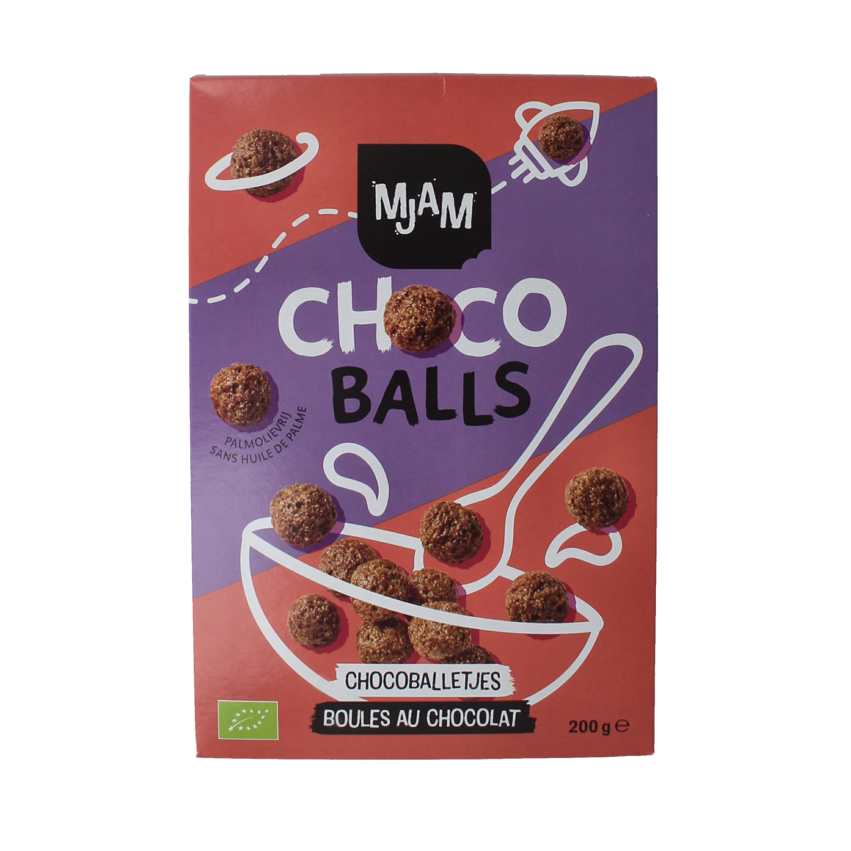 Mjam Choco Balls bio breakfast cereal in 200g package, showing the chocolate-coated cereal balls on the box.