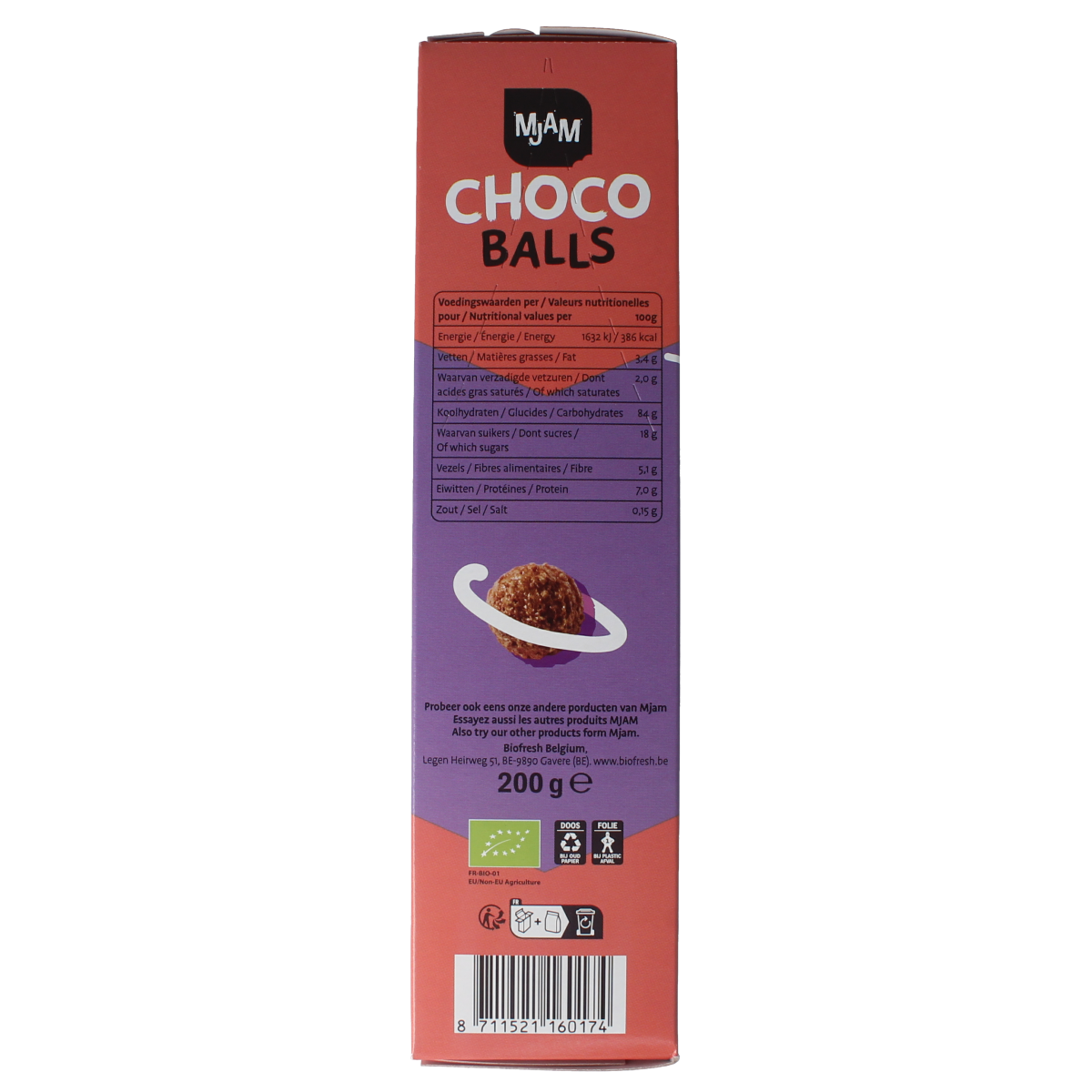 Mjam Choco Balls bio breakfast cereal in a 200g package, featuring chocolate-flavored grain balls in a natural, organic style.