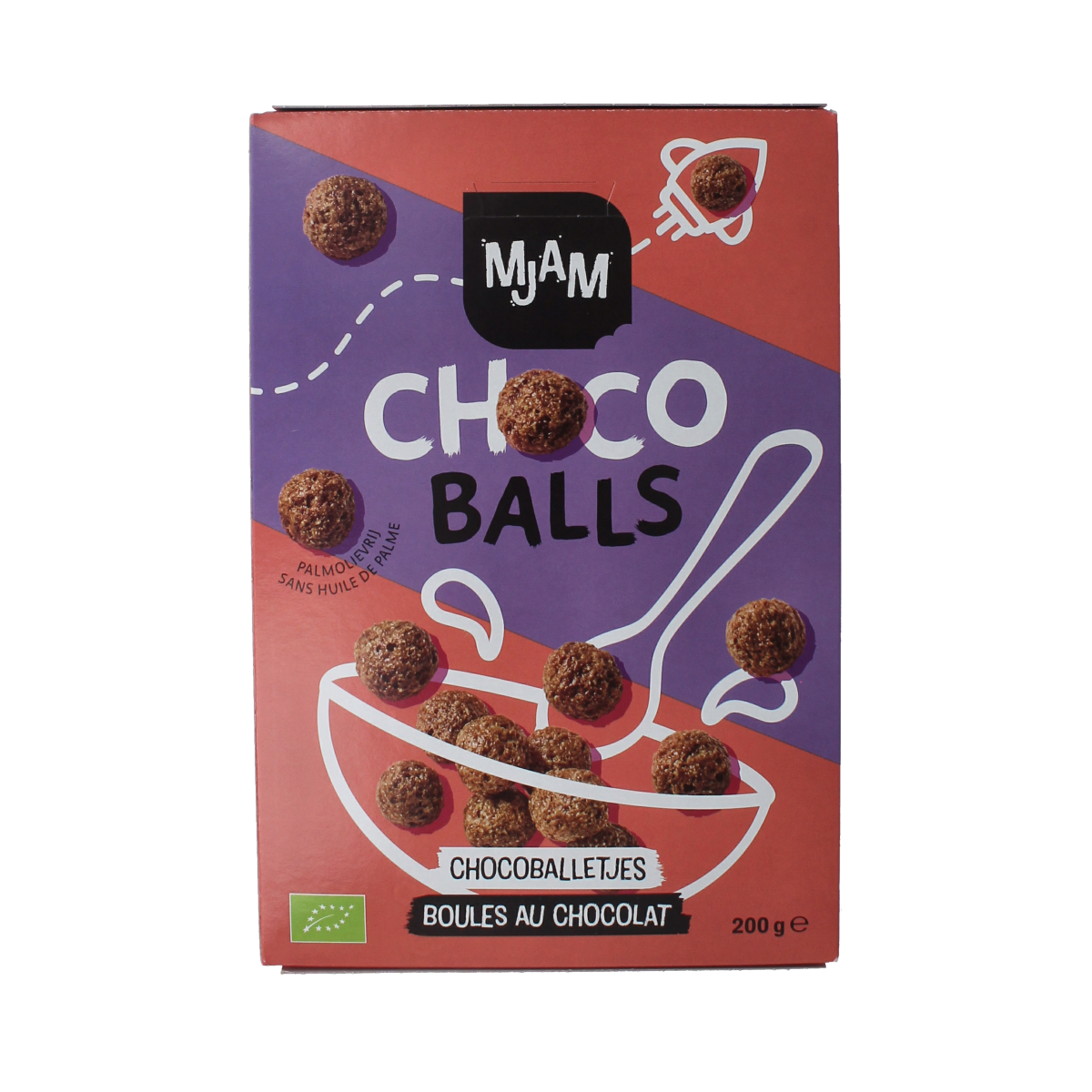 Mjam Choco Balls bio breakfast cereal in a 200g package, featuring chocolate-flavored crunchy oat balls.