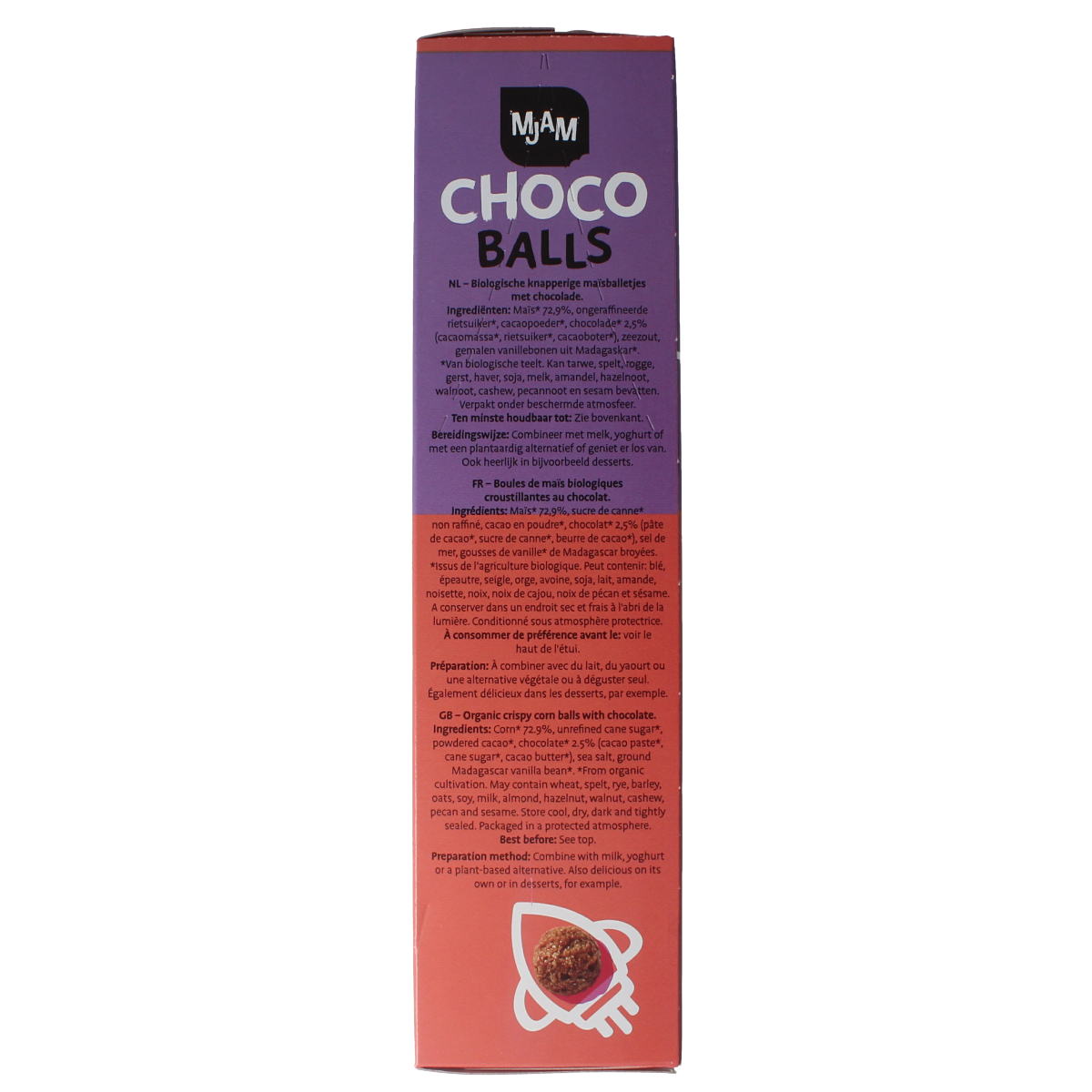 Mjam Bio Choco Balls ontbijtgranen in 200g package, crunchy cereal with chocolate flavor, suitable for breakfast or snacks.