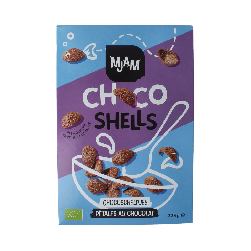 Mjam Choco Shells bio breakfast cereal in 225g pack, chocolate-flavored organic grain product with crispy shell shape.