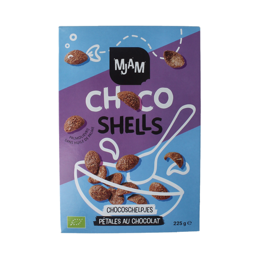 Mjam Choco Shells bio breakfast cereal in 225g pack, chocolate-flavored organic grain product with crispy shell shape.