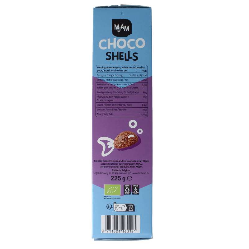Mjam Choco shells bio breakfast cereal in 225g package, featuring chocolate-flavored crunchy cereal shells.