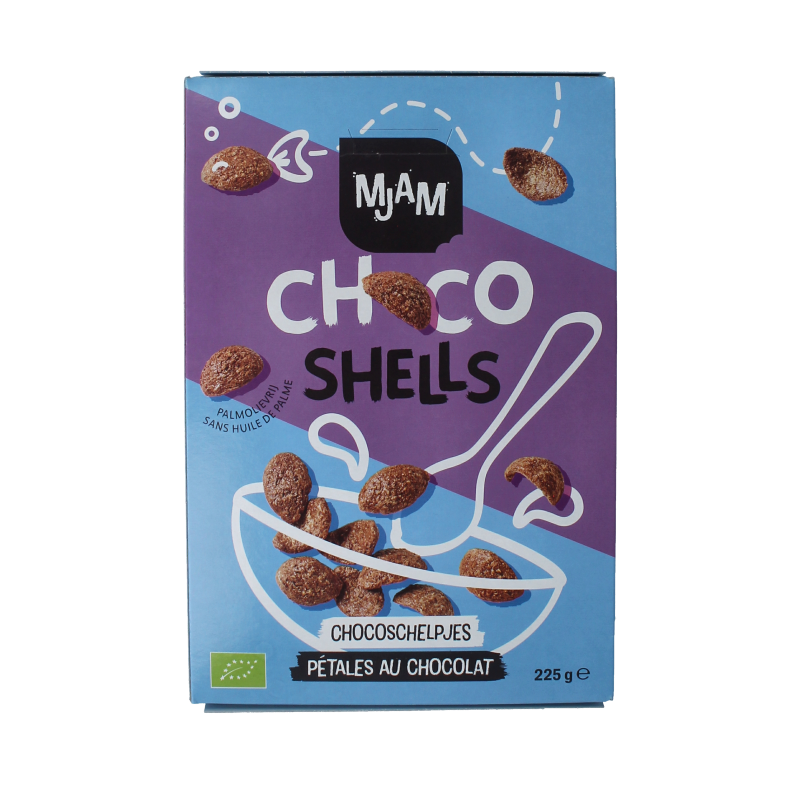 Mjam Choco shells bio breakfast cereal in 225g package, crispy chocolate-flavored whole grain cereal shells.