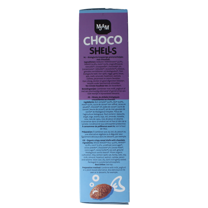 Mjam Choco shells bio breakfast cereal in 225g package, with chocolate-flavored crunchy cereal shells.