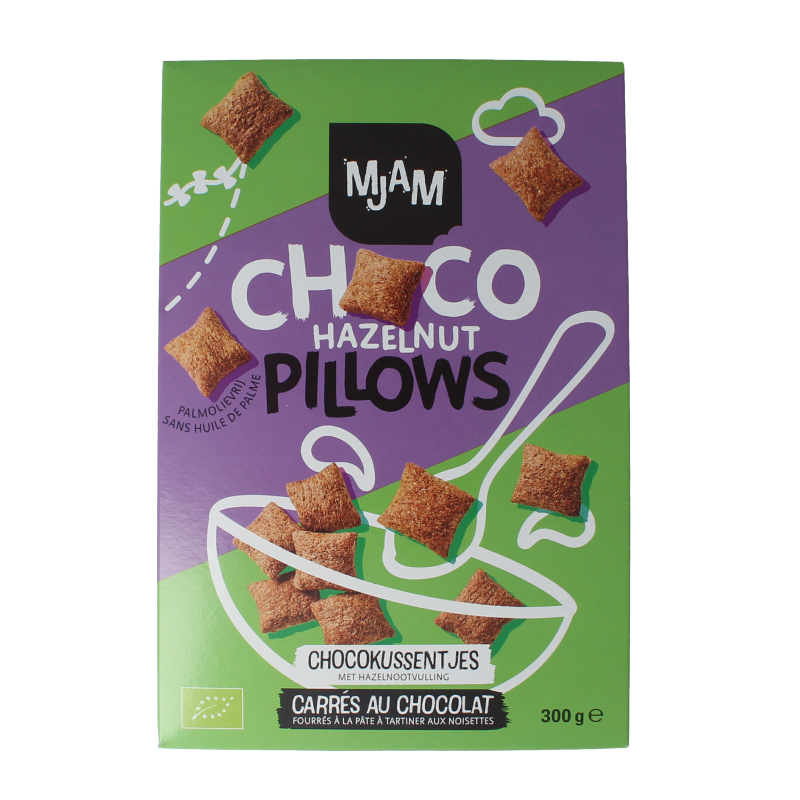 Mjam Choco pillows hazelnut bio breakfast cereal in a 300g box, featuring chocolate-flavored pillows with hazelnut pieces.