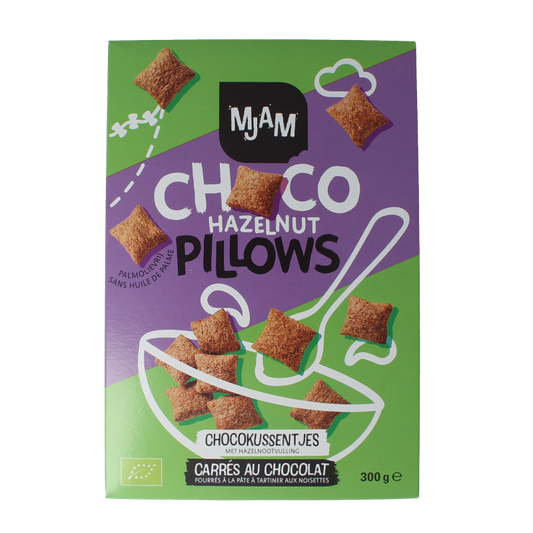 Mjam Choco pillows hazelnut bio breakfast cereal in a 300g box, featuring chocolate-flavored pillows with hazelnut pieces.